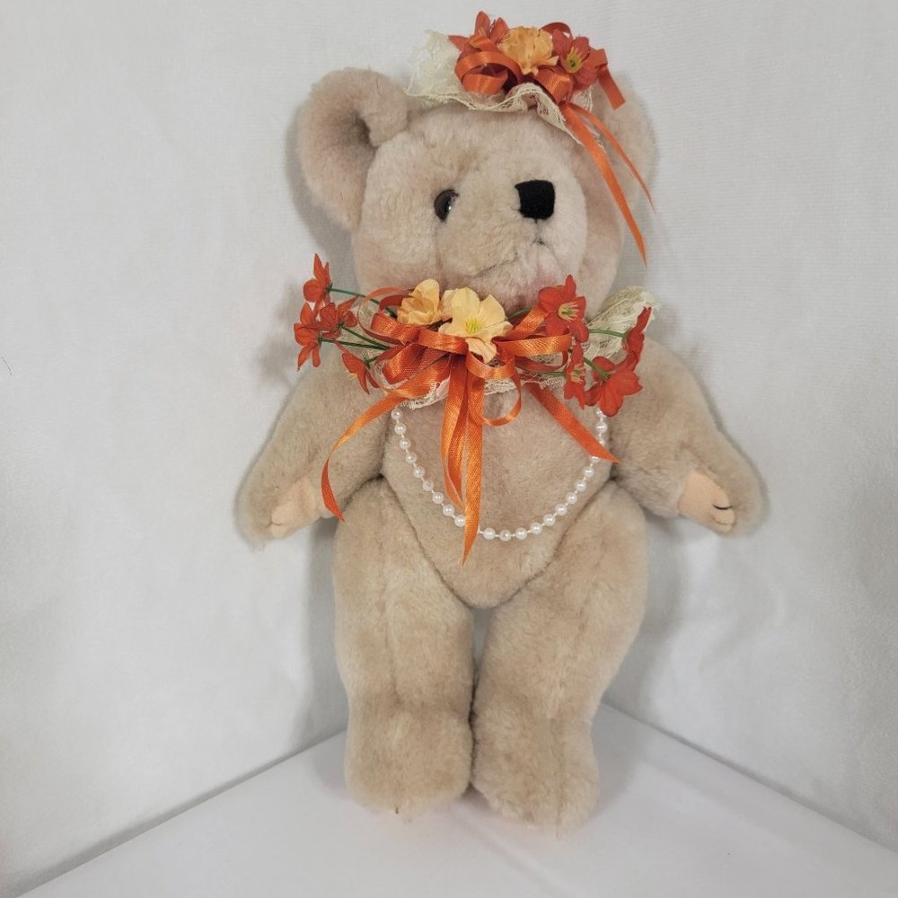 Adjustable Bear Plush 10" With Flowers and Necklace No Tags